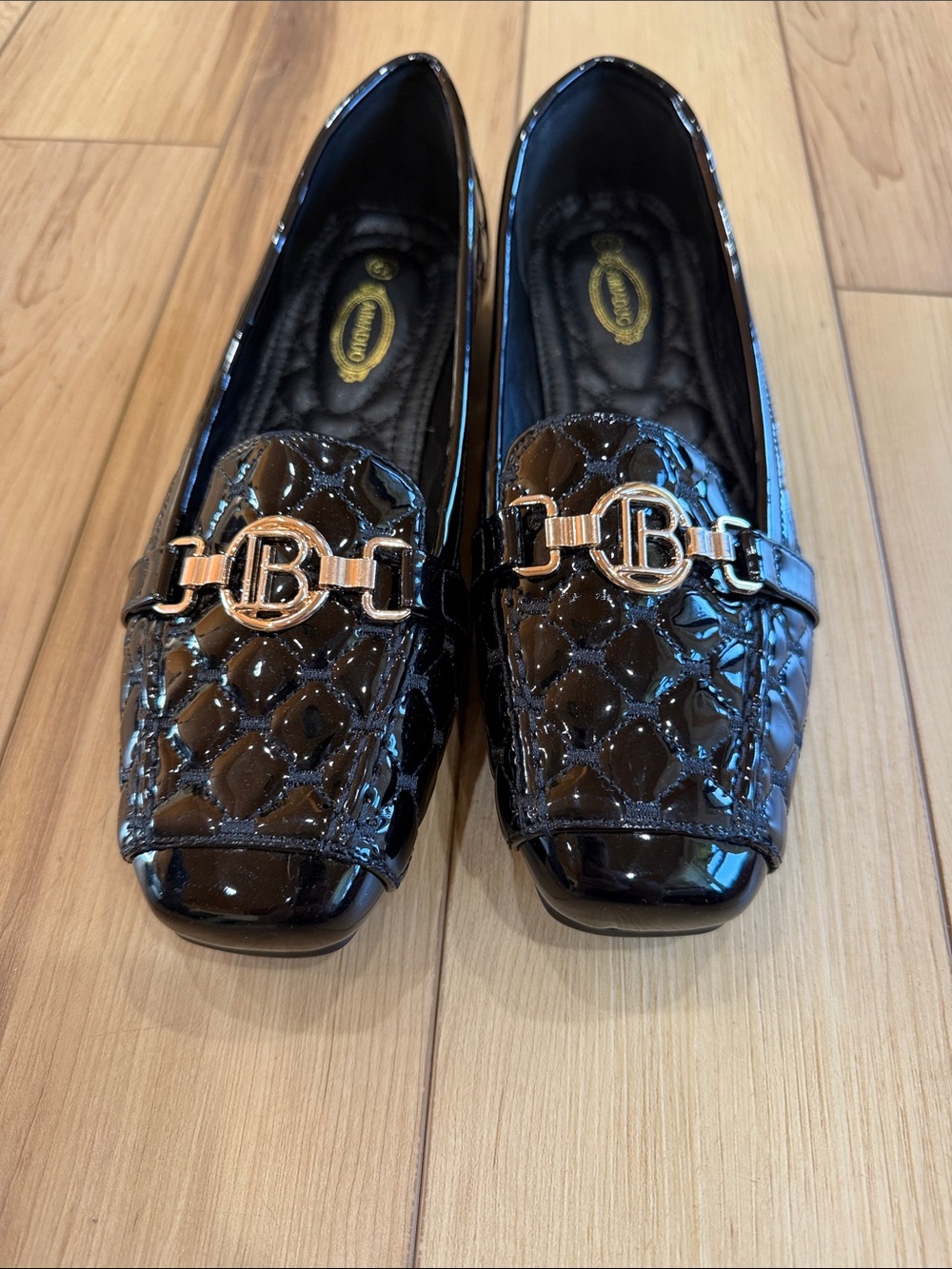 Black Patent Quilted Loafers with Gold B-Emblem - Women